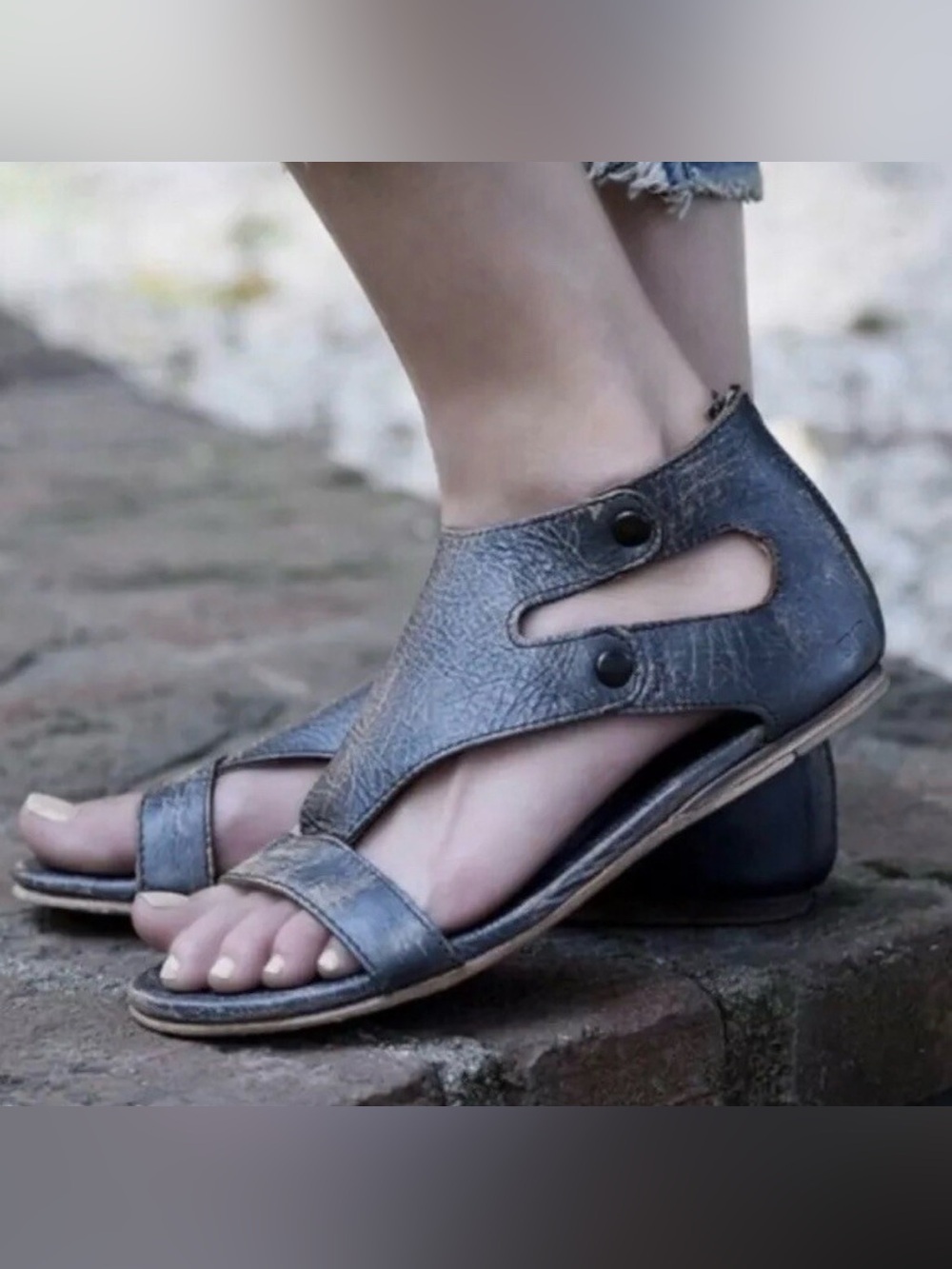 Bed Stu Soto Boho Sandal Dark Distress Leather Back Zip Rustic Black Festival